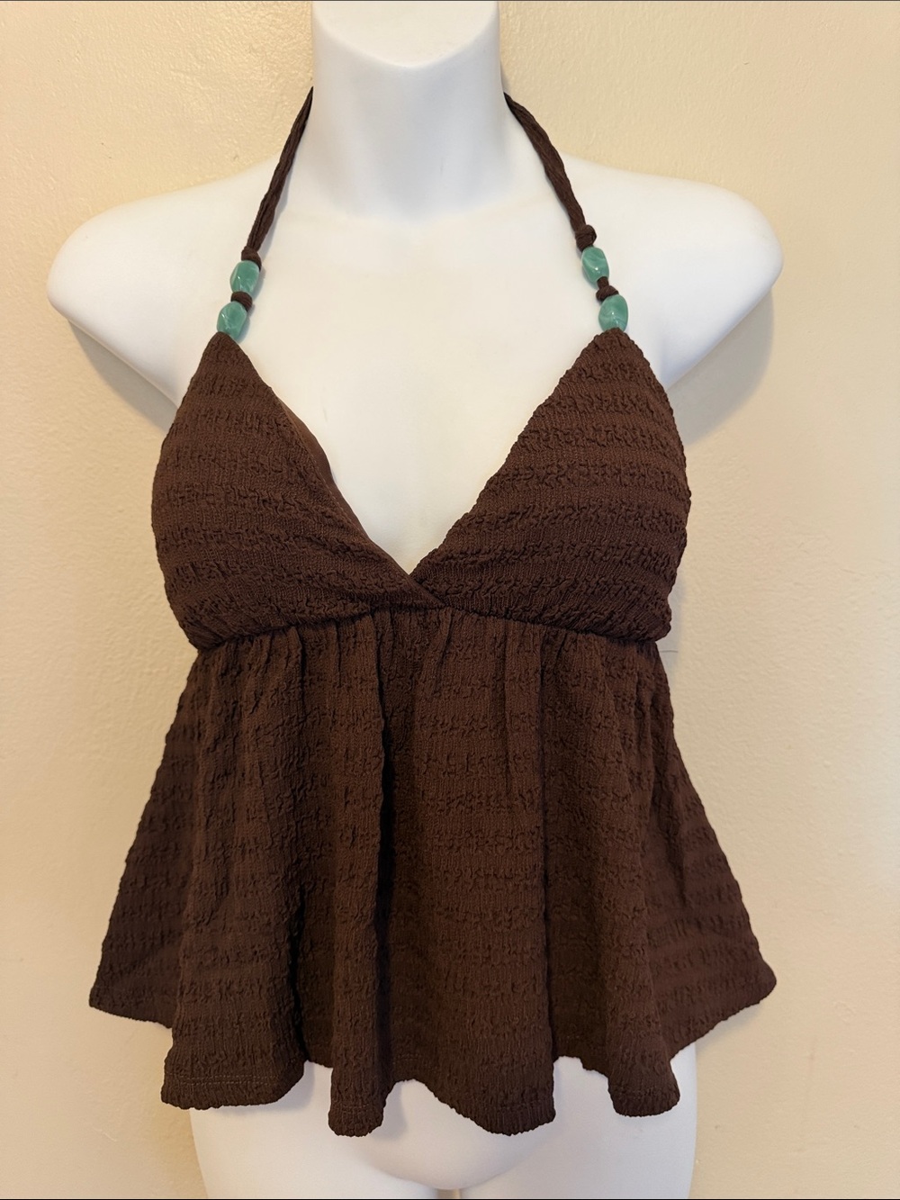 Derek Heart Brown Halter Babydoll Top with Teal Bead Accents